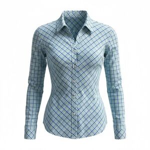 Foxcroft Button-Up Shirt Womens Sz M Blue Green White Plaid Long Sleeve Stretch